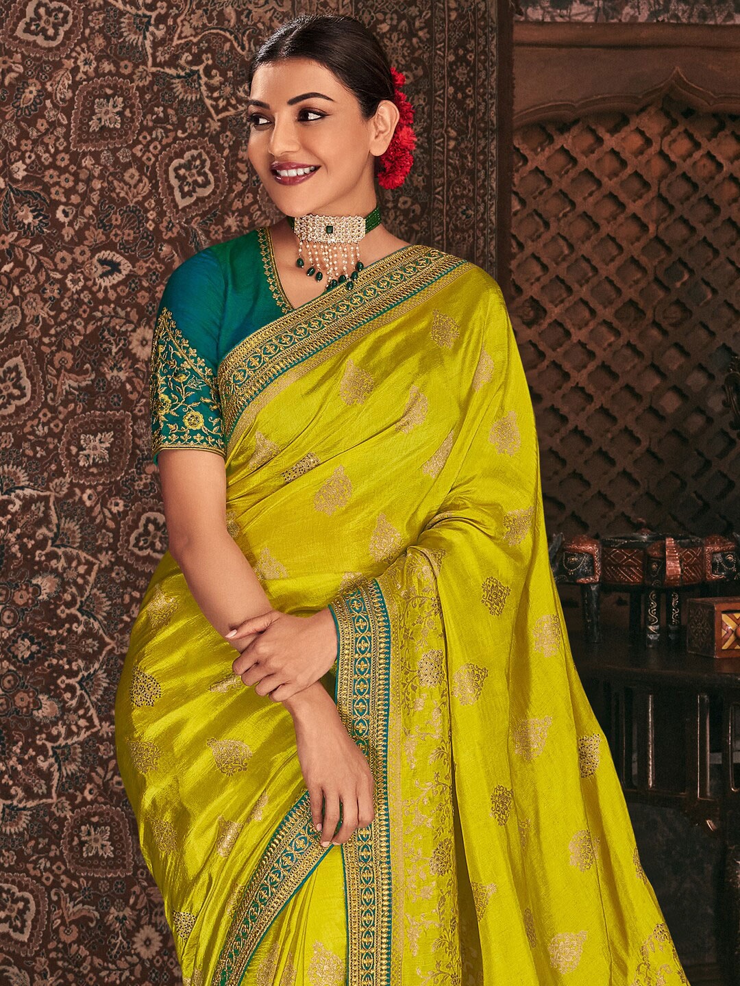 Mitera Lime Green Floral Woven Design Embroidered Silk Blend Saree - Distacart