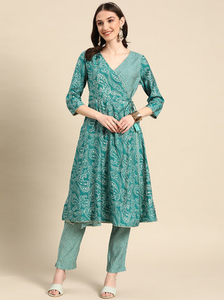 Sangria Women Turquoise Blue Paisley Printed Angrakha Gotta Patti Kurta with Trousers - Distacart