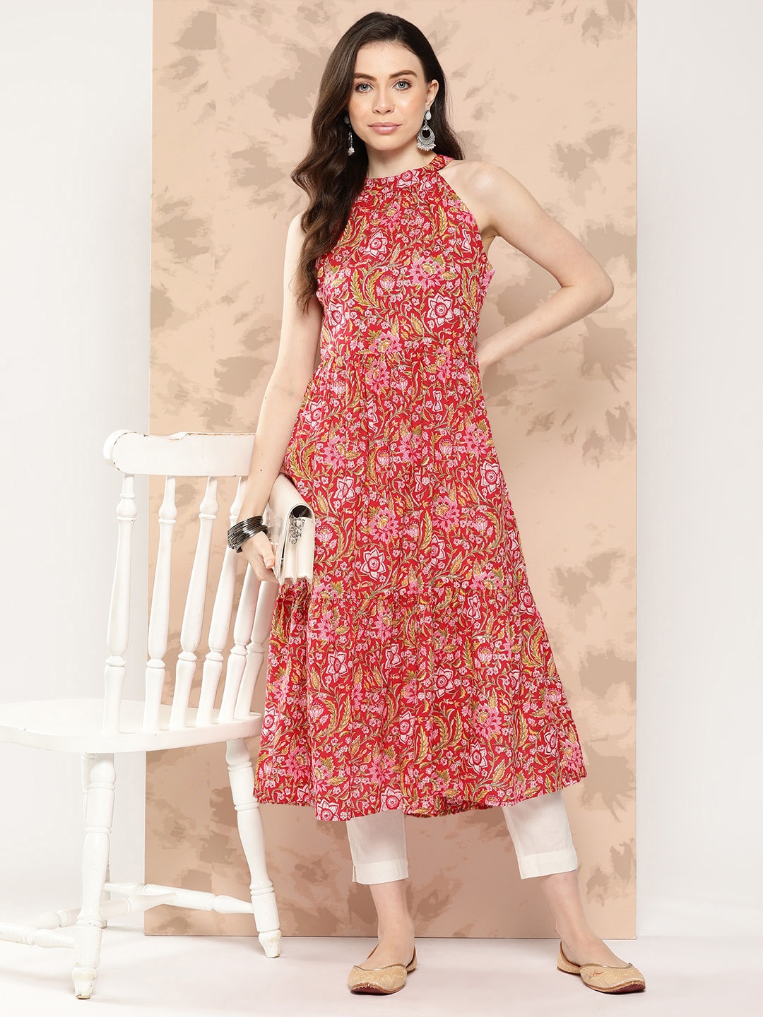 Kalini Floral Printed Halter Neck Pastels Anarkali Kurta - Distacart