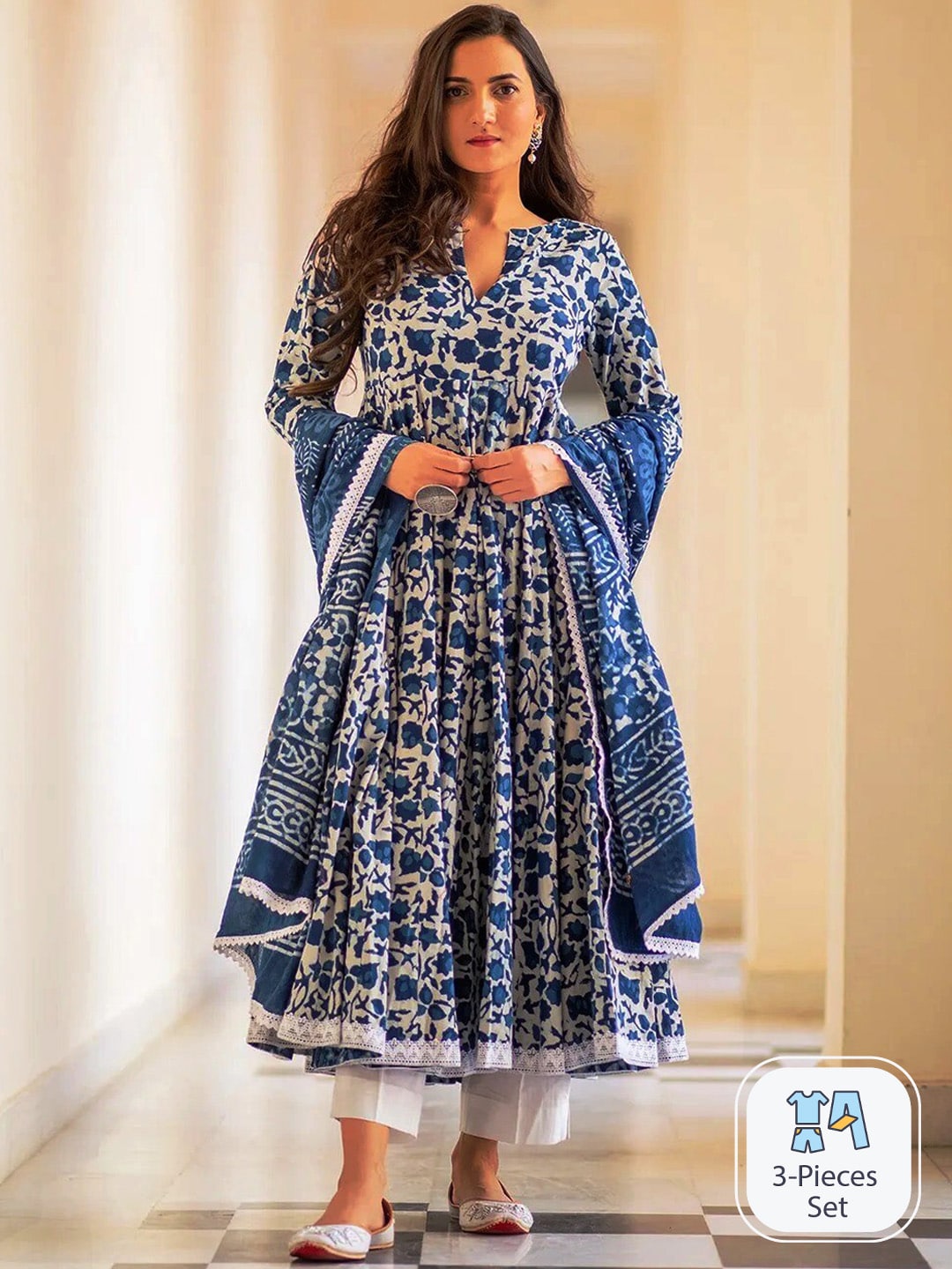 Kalini Floral Printed Anarkali Kurta & Trousers With Dupatta - Distacart