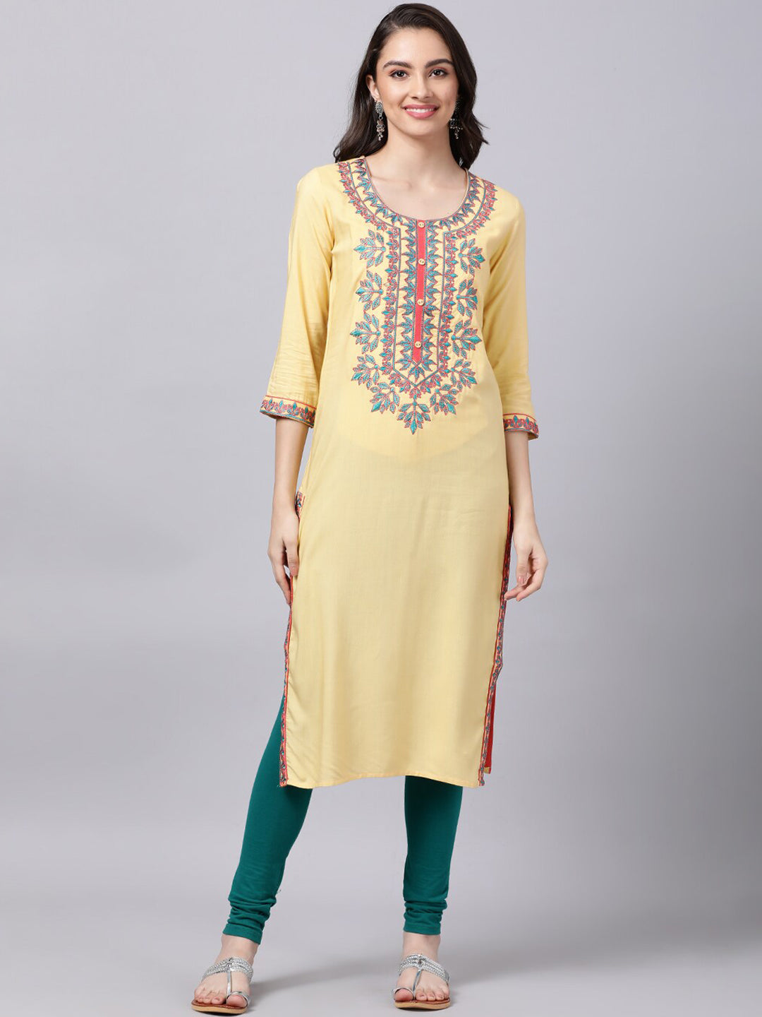 Souchii Women Cream-Coloured Ethnic Motifs Embroidered Kurta - Distacart