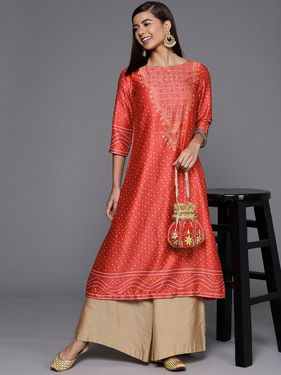 Biba Women Red & Beige Ethnic Motifs Printed Kurta - Distacart