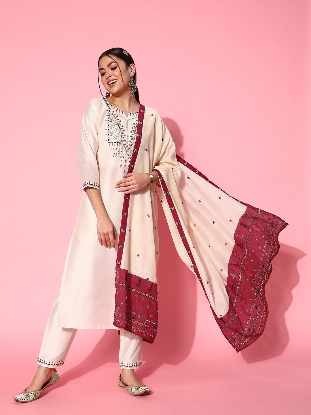 Sangria Women White Ethnic Motifs Embroidered Thread Work Kurta With Trousers & Dupatta - Distacart