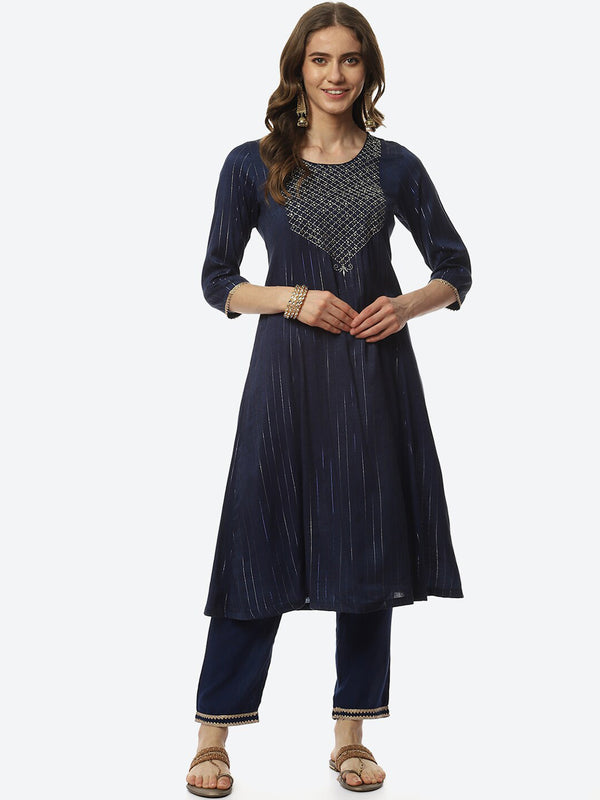 Biba Women Navy Blue Printed Kurta with Trousers - Distacart
