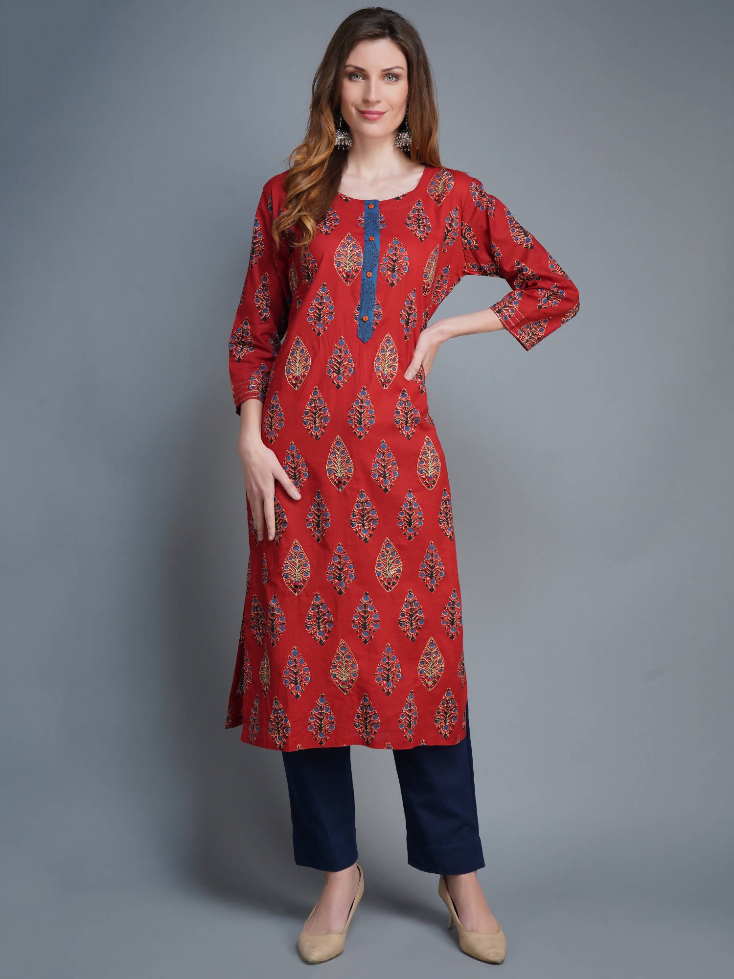 Shehnaai Maroon Kurta In Cotton Print With Golden Embroidery