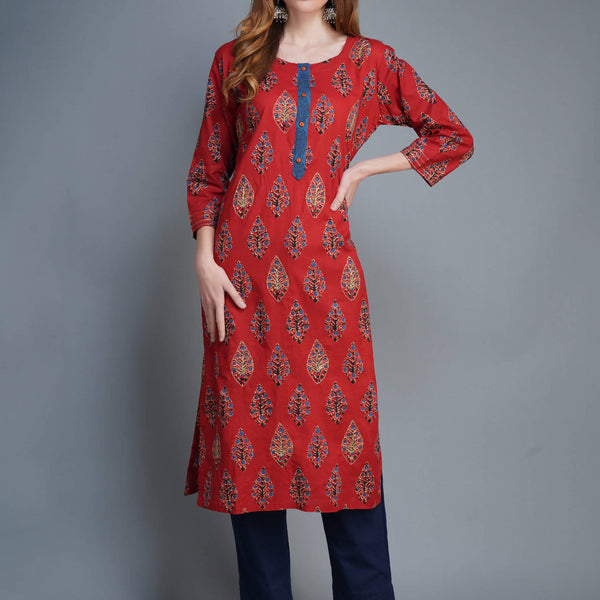 Shehnaai Maroon Kurta In Cotton Print With Golden Embroidery