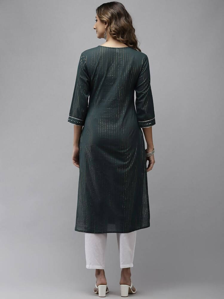 Yufta Women Green Yoke Design Mirror Work Cotton Kurta