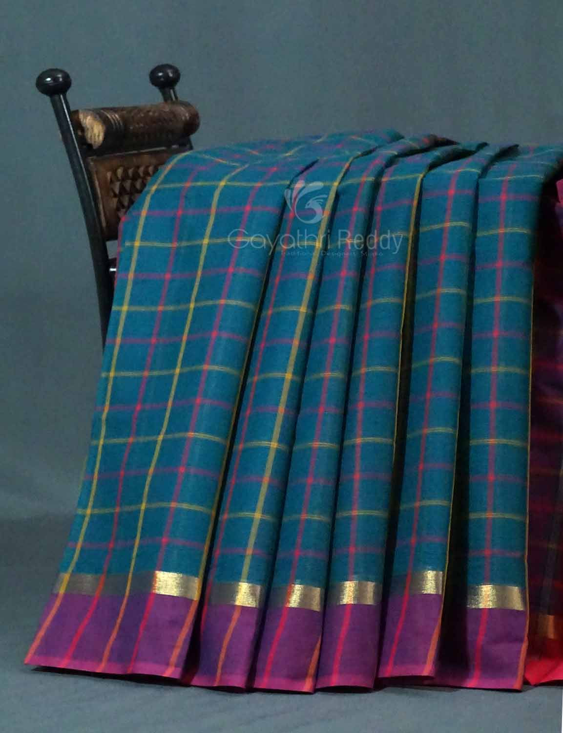 Dual Shade of Peacock Blue And Magenta Pure Mangalgiri Cotton By Gayathri Reddy Designer Studio - Distacart