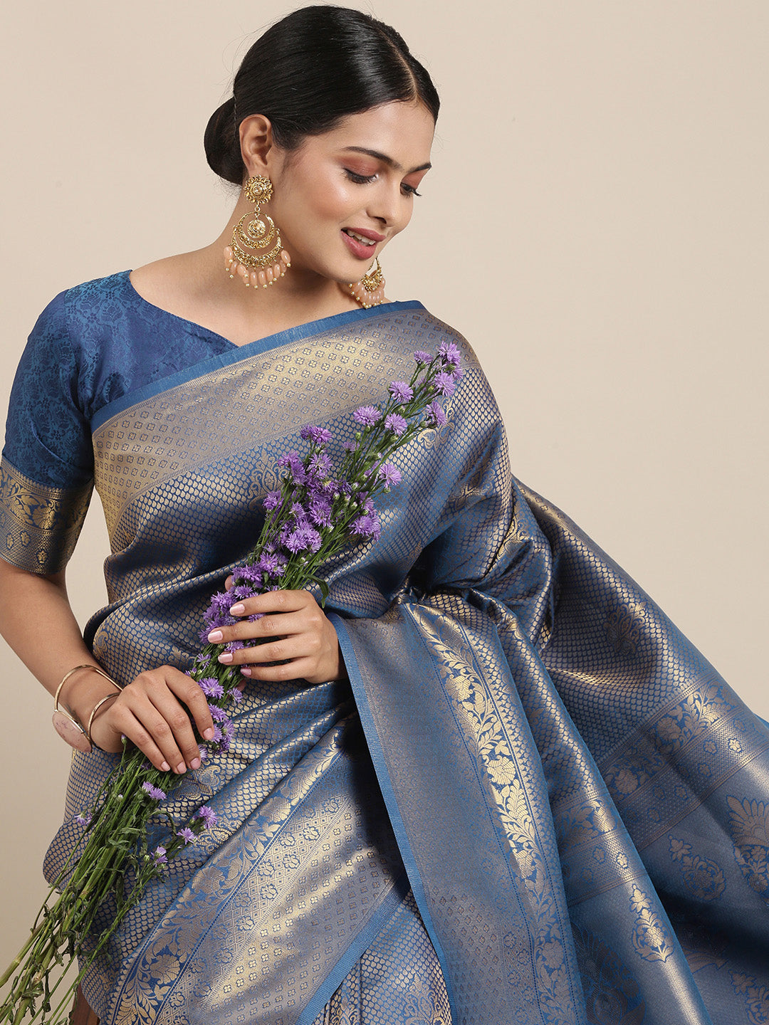 Saree Mall Navy Blue Ethnic Motifs Zari Silk Blend Banarasi Saree - Distacart