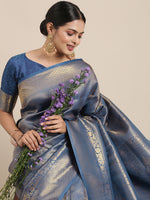 Thumbnail for Saree Mall Navy Blue Ethnic Motifs Zari Silk Blend Banarasi Saree - Distacart