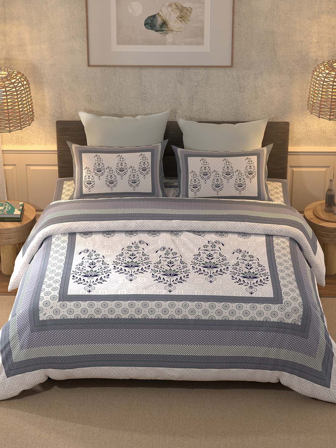 BELLA CASA Off White & Blue Ethnic Motifs 350 TC Cotton King Bedsheet with 2 Pillow Covers - Distacart