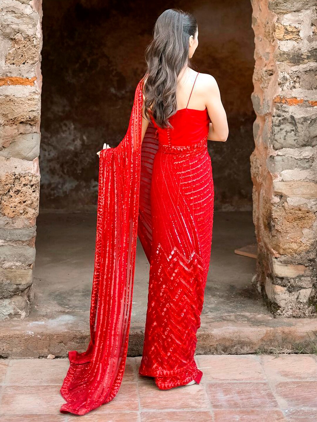Anouk Red Embellished Sequinned Pure Georgette Saree - Distacart