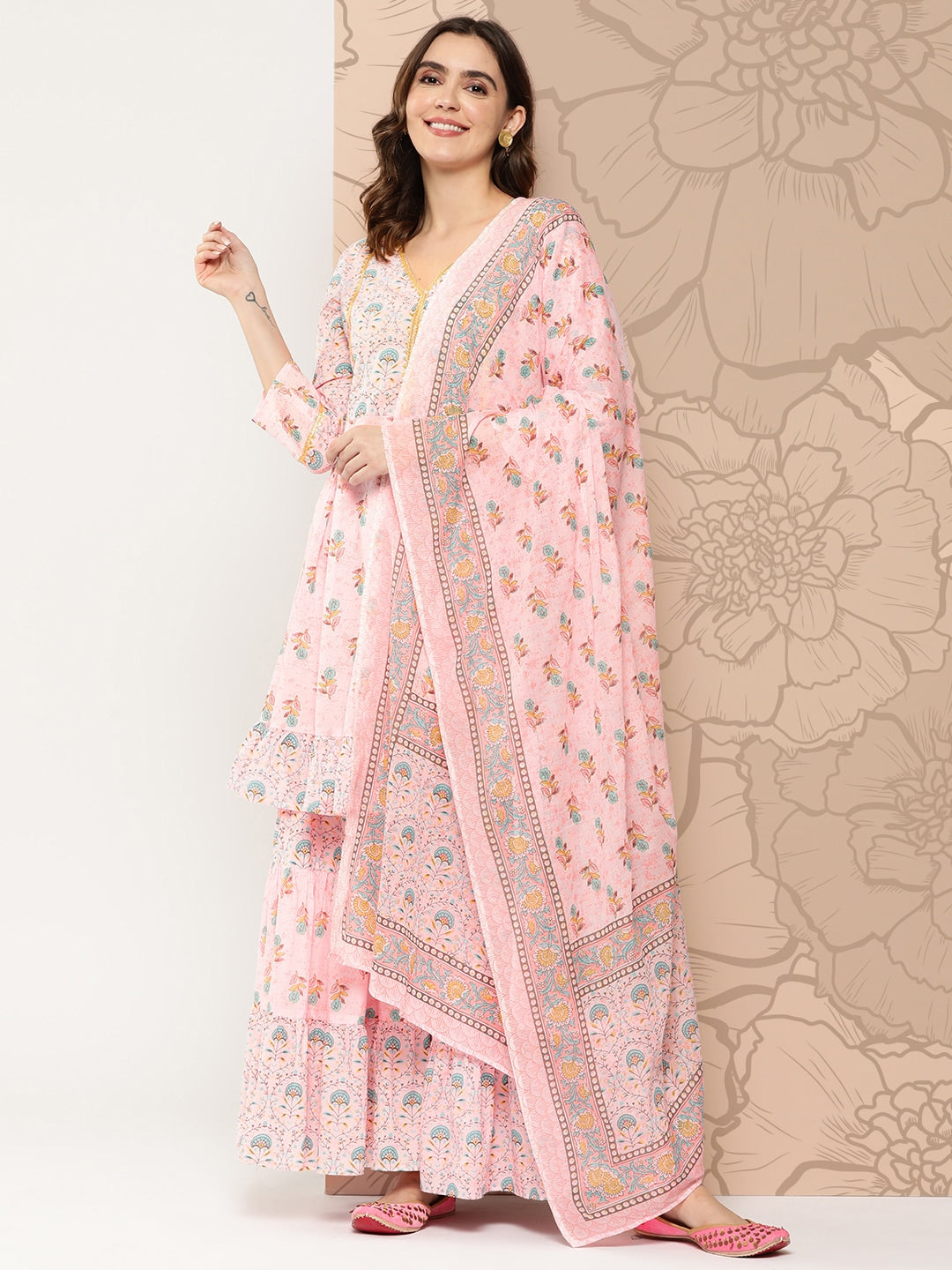 Kalini Floral Printed Gotta Patti Pure Cotton Kurta with Sharara & Dupatta - Distacart