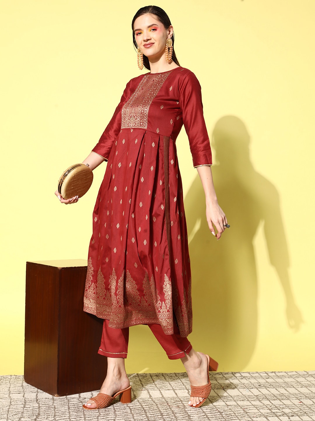 Sangria Floral Yoke Design Pleated Mirror Work Chanderi Silk Kurta with Trousers - Distacart