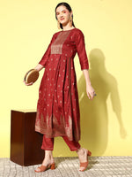 Thumbnail for Sangria Floral Yoke Design Pleated Mirror Work Chanderi Silk Kurta with Trousers - Distacart