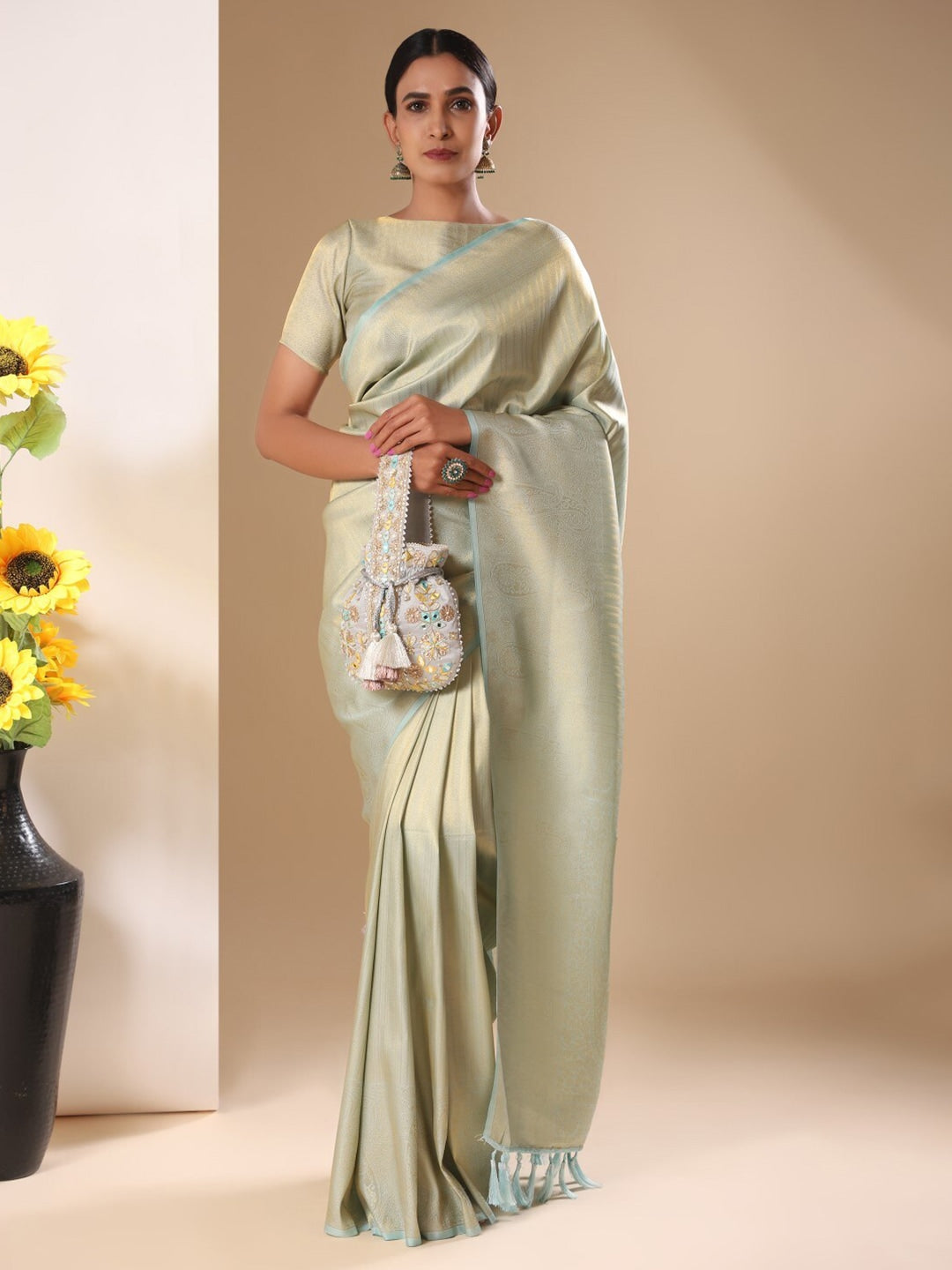 Masq Grey & Gold-Toned Embroidered Potli Clutch - Distacart