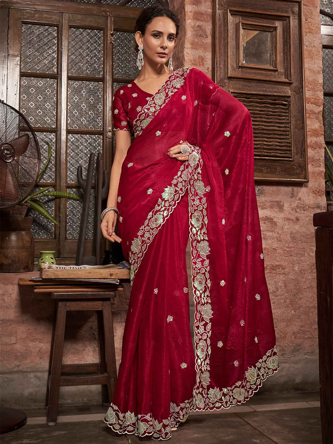 Mitera Red & Gold-Toned Floral Embroidered Pure Chiffon Saree - Distacart