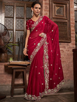 Thumbnail for Mitera Red & Gold-Toned Floral Embroidered Pure Chiffon Saree - Distacart