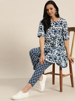 Thumbnail for Sangria Women White & Navy Blue Printed Kurta with Trousers - Distacart