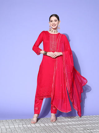 Sangria Floral Embroidered Regular Sequinned Kurta with Trousers & With Dupatta - Distacart