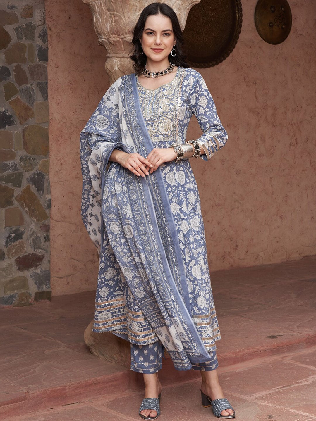 Sangria Blue Printed Thread Work Pure Cotton Empire A-Line Kurta with Trousers & Dupatta - Distacart