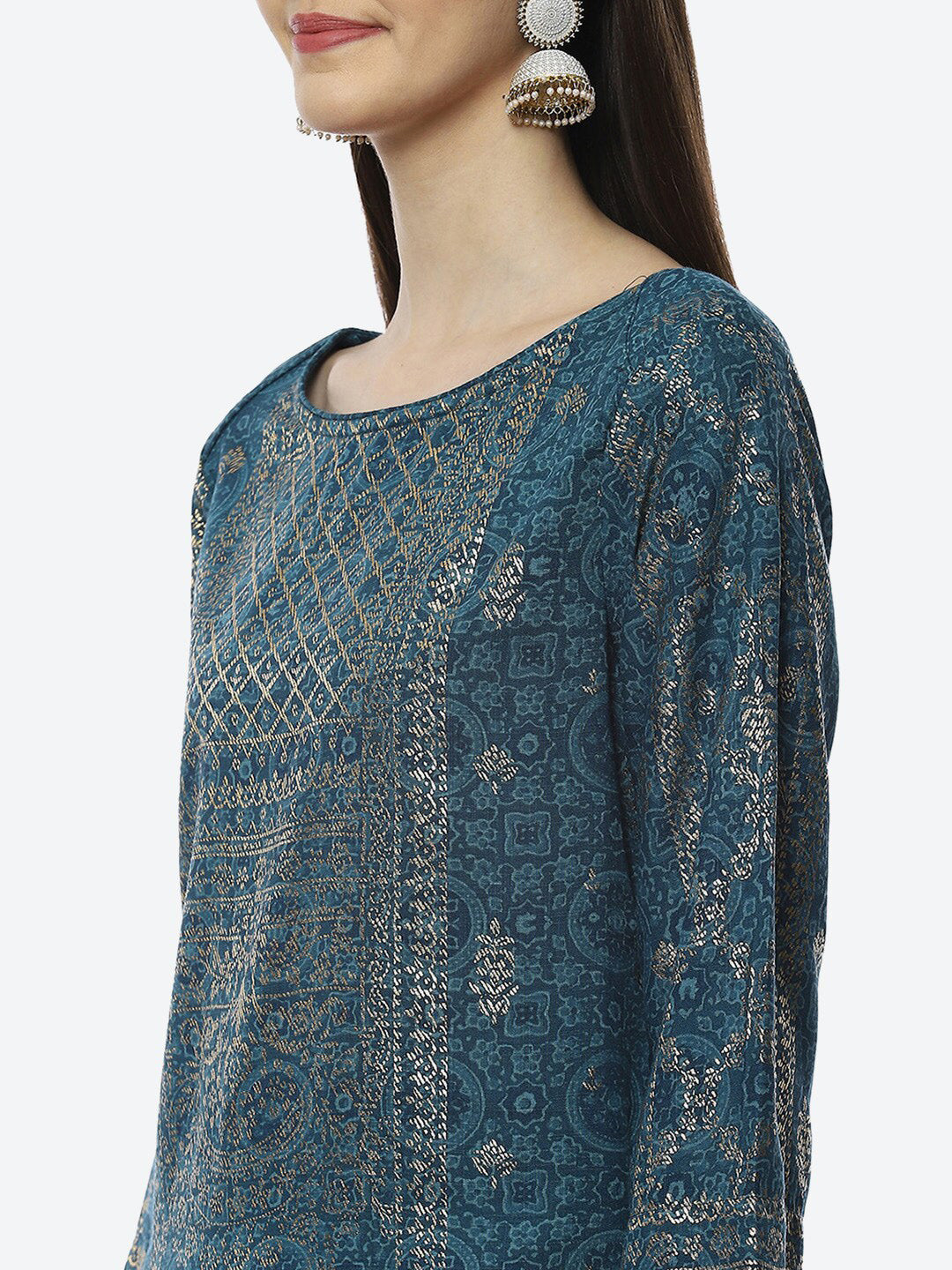 Biba Women Teal & Gold-Toned Ethnic Motifs Printed Kurta - Distacart