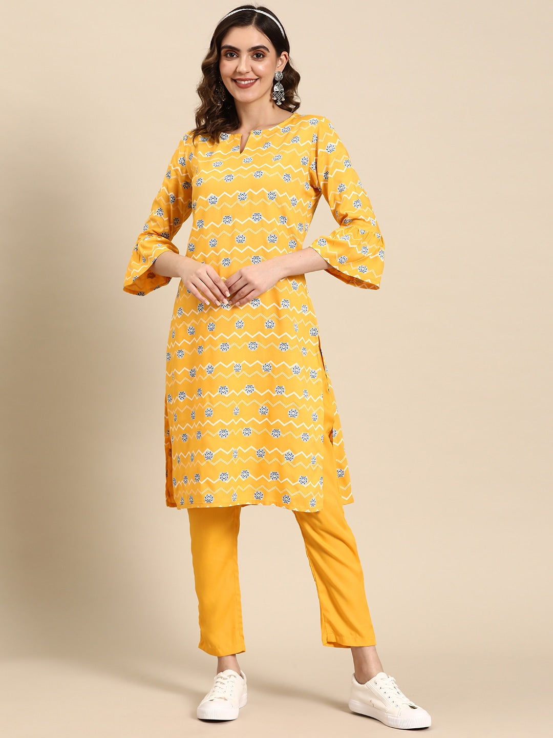 Sangria Women Ethnic Motifs Printed Straight Kurta with Solid Trousers - Distacart