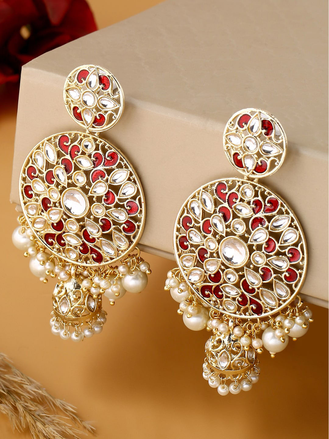 Shoshaa Maroon Contemporary Gold-Plated Kundan Drop Earrings With Jhumkas Earrings Sets - Distacart