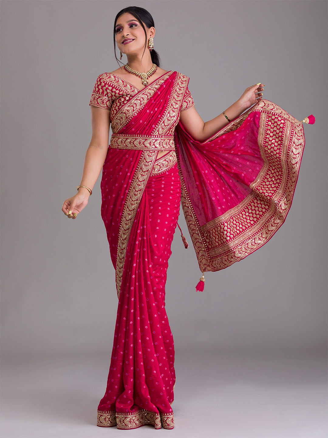 Koskii Pink & Gold-Toned Bandhani Sequinned Saree - Distacart