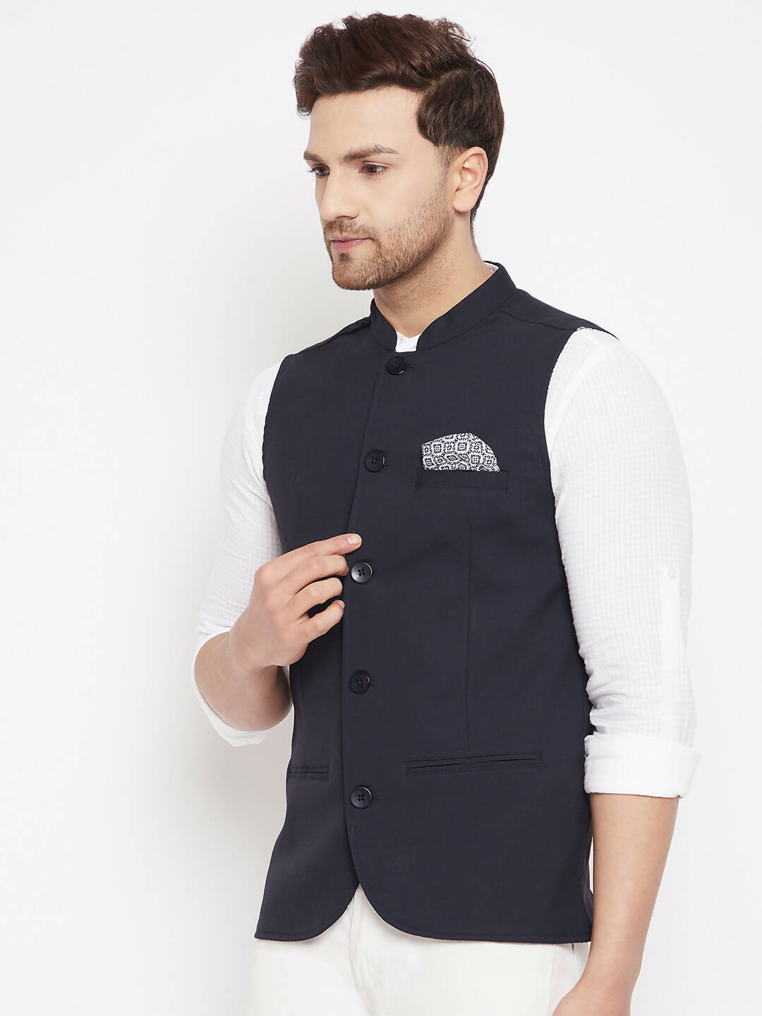 Even Apparels Navy Merino Men's Nehru Jacket-Contrast Lining-Inbuilt Pocket Square - Distacart