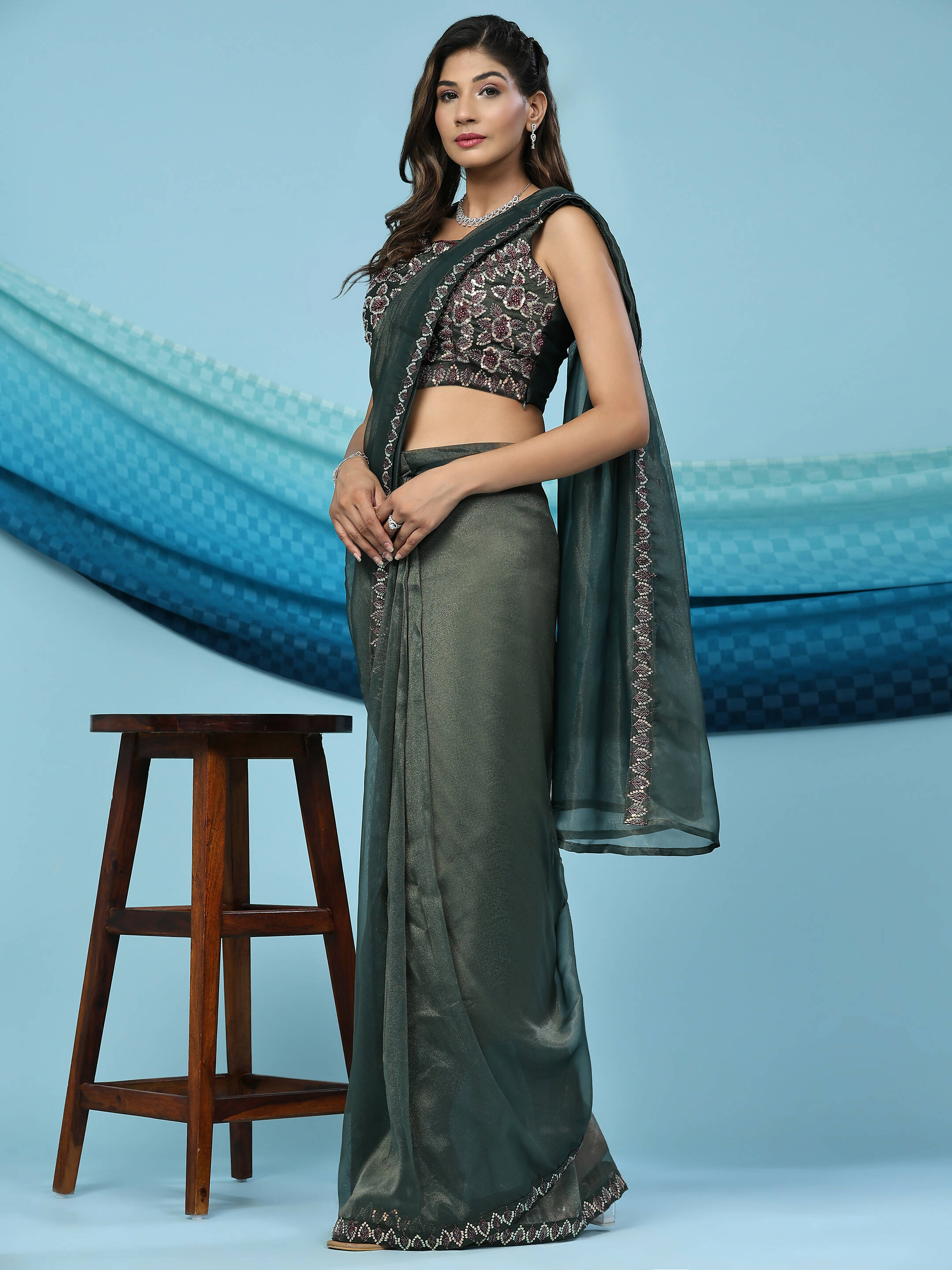 Green Lycra Shimmer Pattern Ready to Wear Saree with stitched Blouse - Nirvana - Distacart