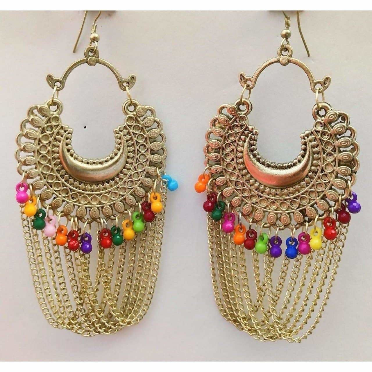 Gold Plated Afghani Multi Color Drops And Danglers Chain Earrings
