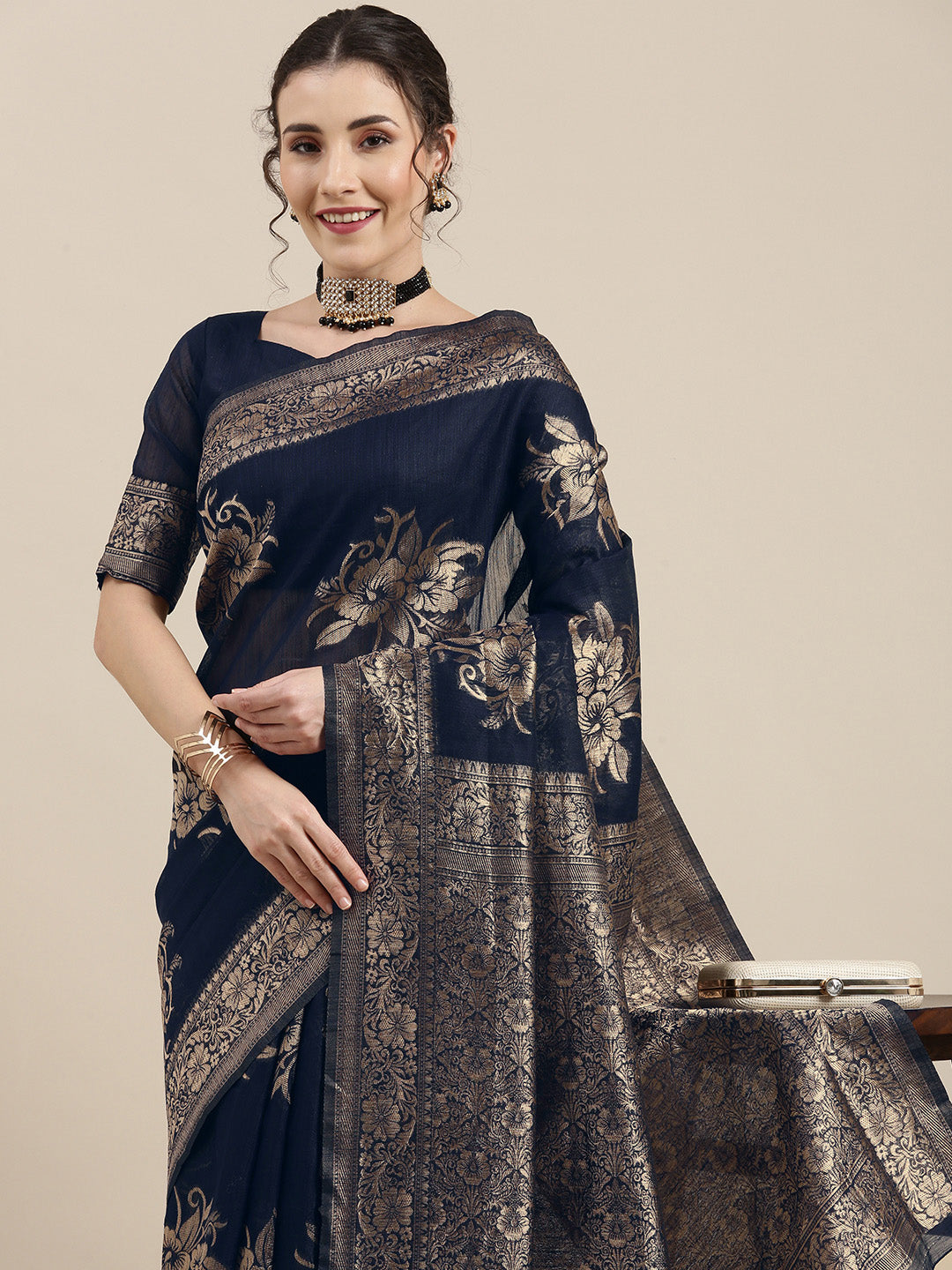 Saree Mall Navy Blue Floral Linen Blend Banarasi Saree - Distacart