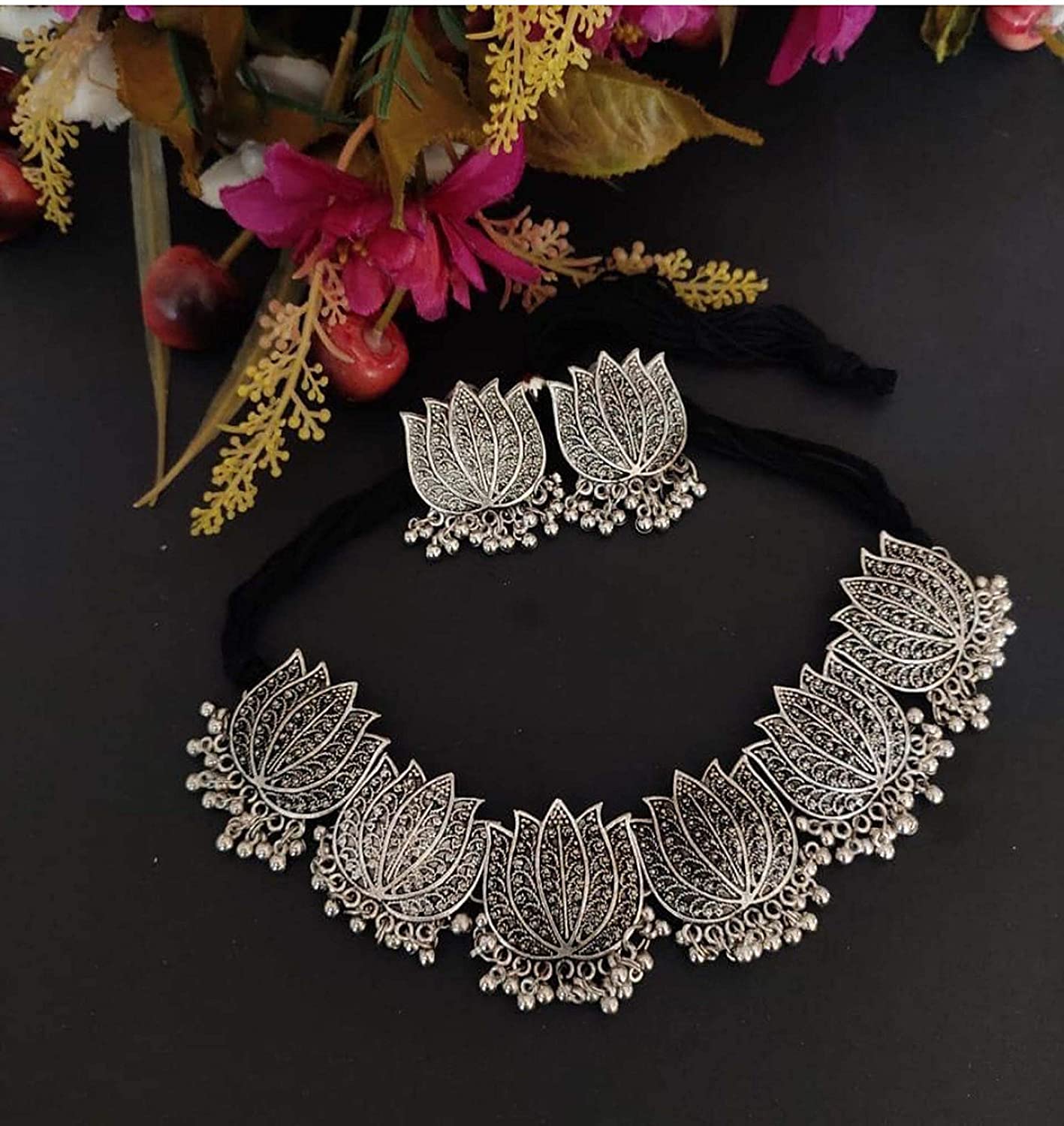 Silver-Plated Alloy Oxidised Lotus Petals Necklace - The Pari - Distacart