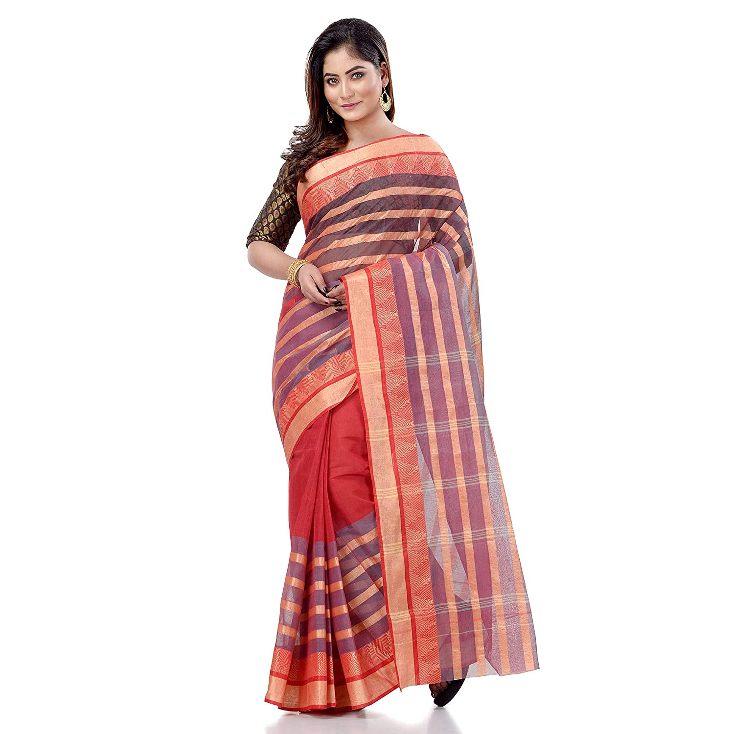 Desh Bidesh Women's Traditional Bengal Tant 3D Temple Design Handloom Pure Cotton Saree Without Blouse Piece - Distacart