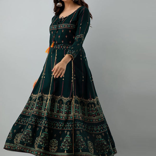 Kalini Women Green & Yellow Ethnic Motifs Printed Thread Work Anarkali Kurta - Distacart