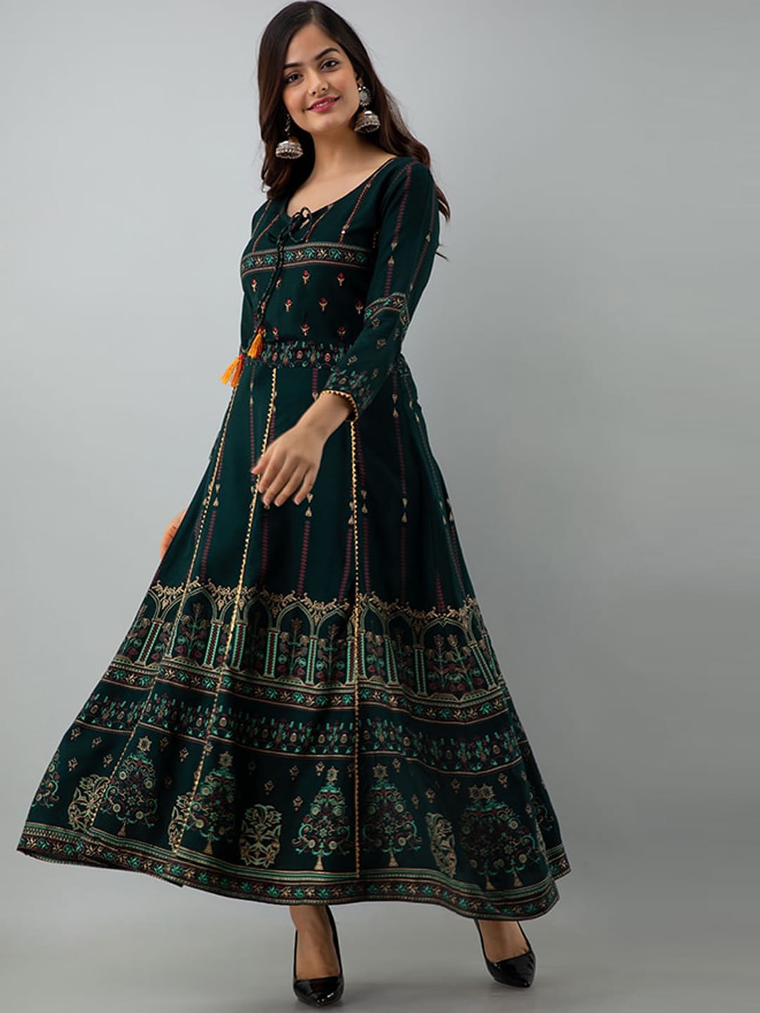 Kalini Women Green & Yellow Ethnic Motifs Printed Thread Work Anarkali Kurta - Distacart