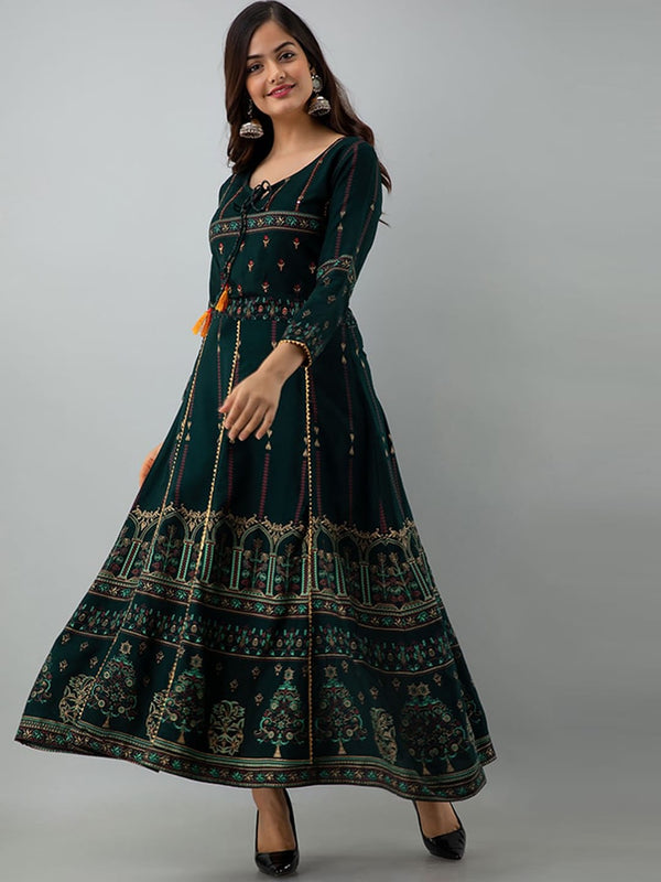 Kalini Women Green & Yellow Ethnic Motifs Printed Thread Work Anarkali Kurta - Distacart