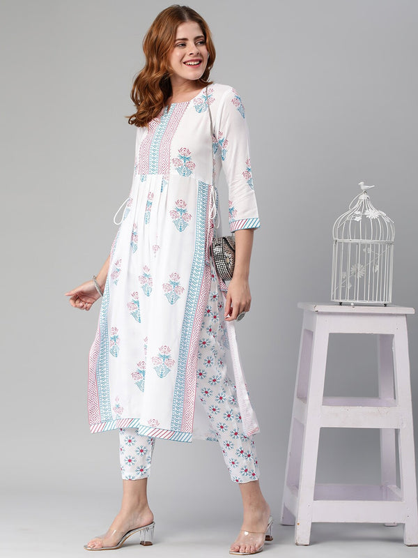 Kalini Ethnic Motifs Printed Notched Neck A-Line Kurta With Trousers - Distacart