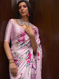 Thumbnail for Mitera Pink & Red Floral Satin Saree - Distacart