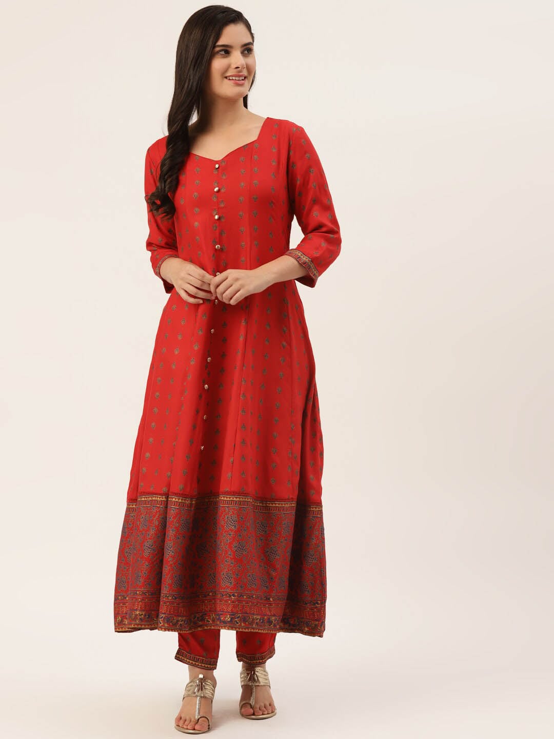 HERE&NOW Women Red Ethnic Motifs Printed Kurta with Trousers - Distacart