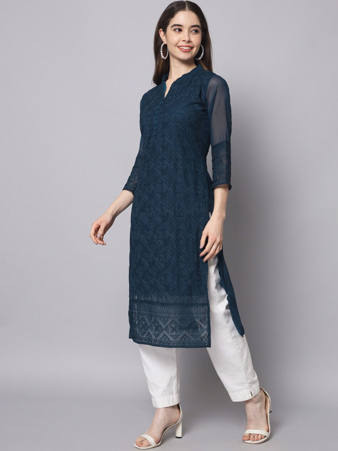 HERE&NOW Women Navy Blue Ethnic Motifs Embroidered Thread Work Georgette Kurta - Distacart