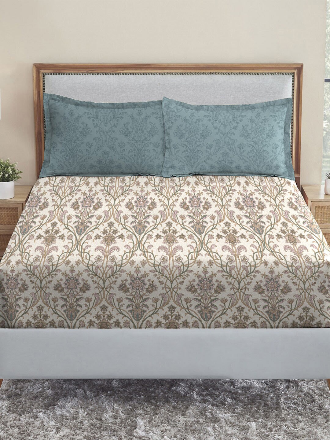MYTRIDENT Dusk and Dawn Beige Printed Pure Cotton 144 TC Queen Bedsheet 2 Pillow Covers - Distacart
