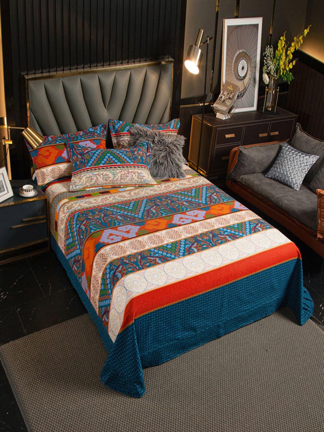 JC Collection Blue & Red Ethnic Motifs 220 TC King Bedsheet with 2 Pillow Covers - Distacart