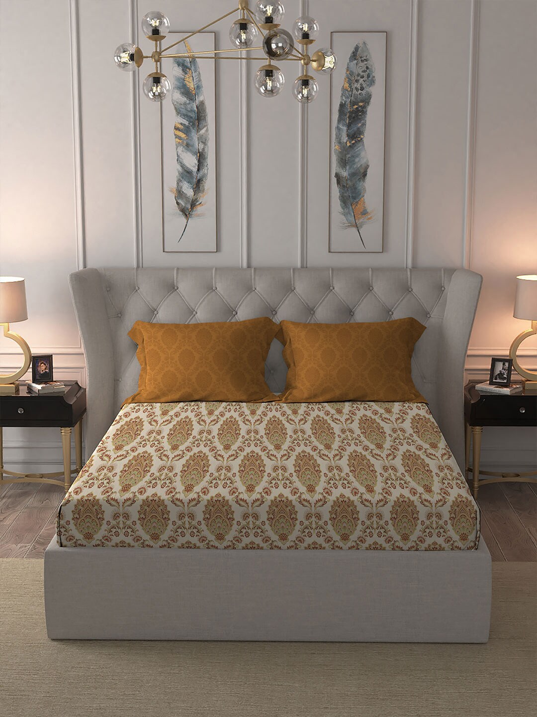 MYTRIDENT Celebration Cream-Coloured Ethnic Cotton 144 TC Queen Bedsheet & 2 Pillow Covers - Distacart