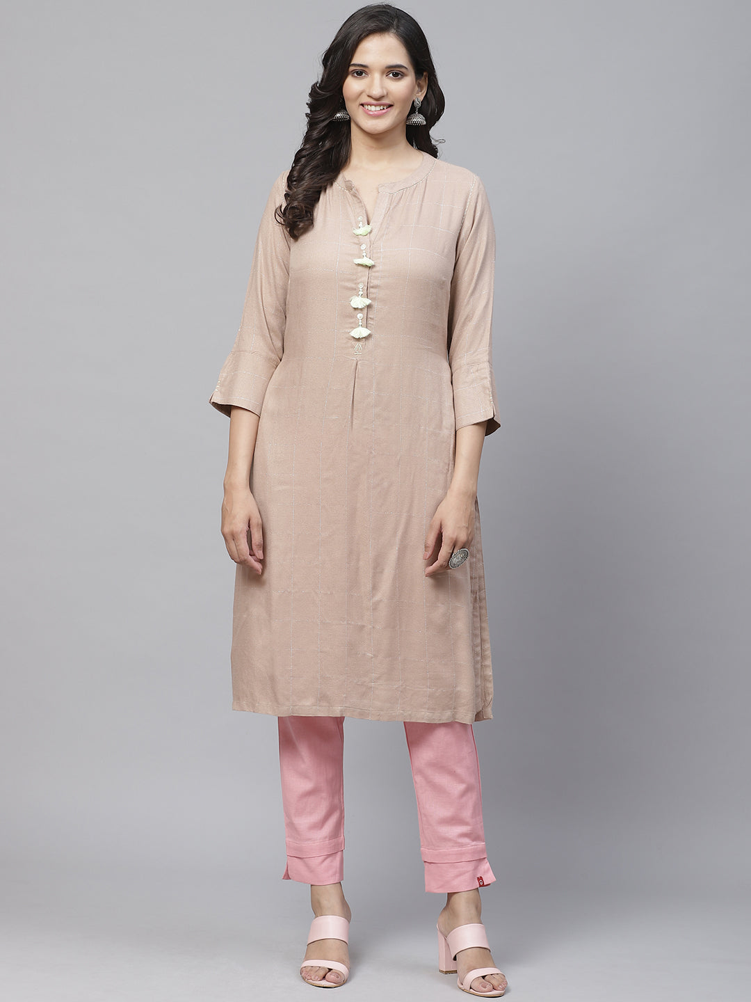 Biba Women Beige & Silver Checked Straight Kurta - Distacart