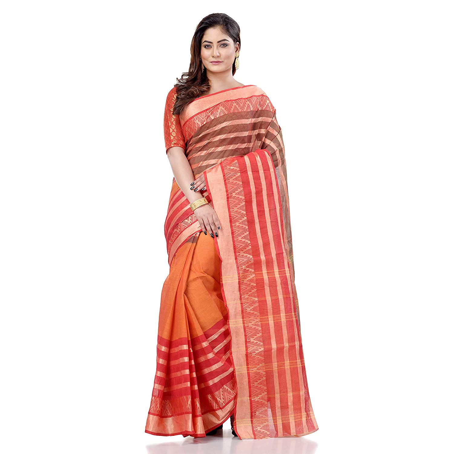 Desh Bidesh Women's Traditional Bengal Tant 3D Temple Design Handloom Pure Cotton Saree Without Blouse Piece - Distacart