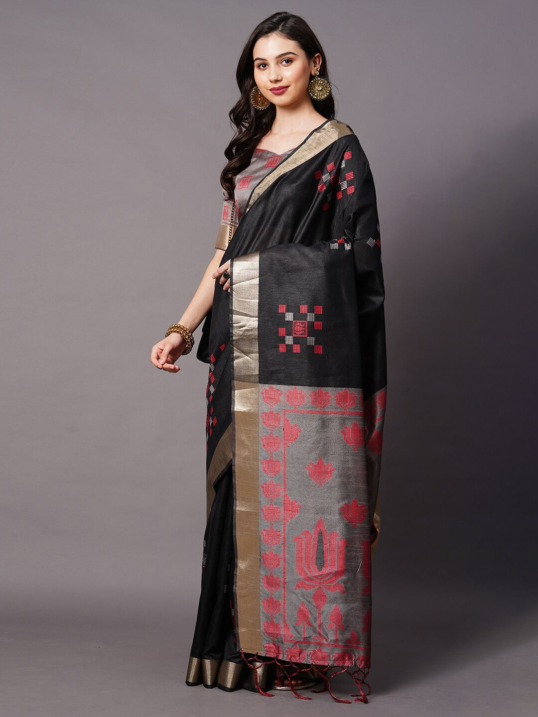 Mitera Black & Red Ethnic Motifs Silk Cotton Banarasi Saree - Distacart