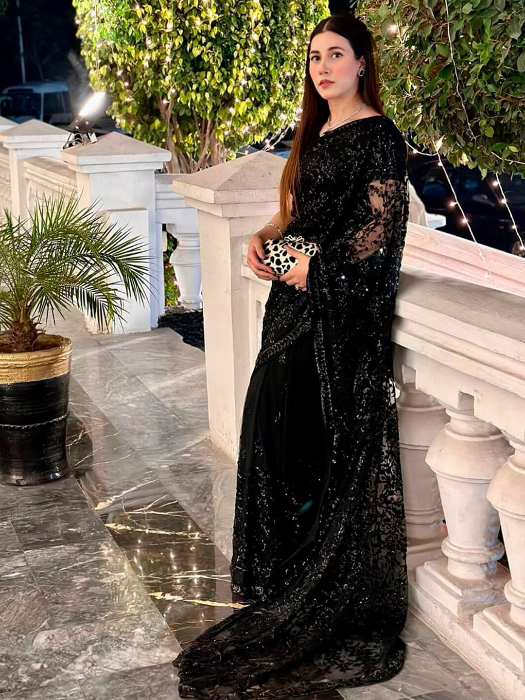 Sangria Embellished Sequinned Pure Georgette Saree - Distacart