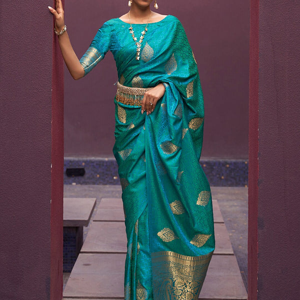 Mitera Teal & Gold-Toned Bagh Pure Silk Banarasi Saree - Distacart